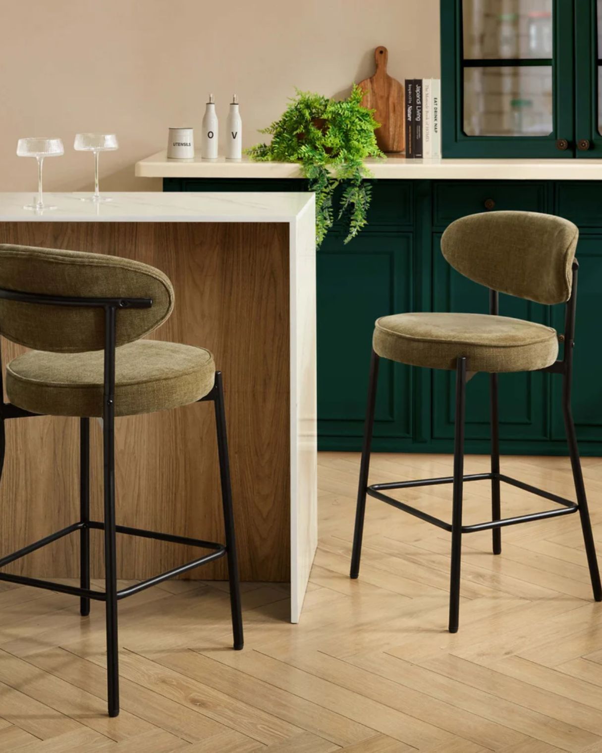 Mia Set of 2 Barstools in Chenille Olive.