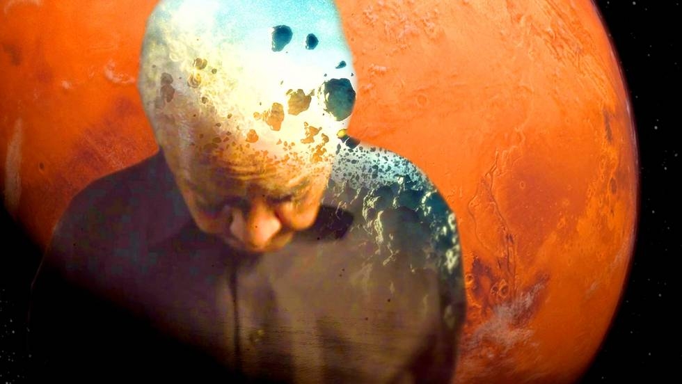 a graphic of a woman (nikki giovanni) with asteroids on her head, standing in front of the red planet mars