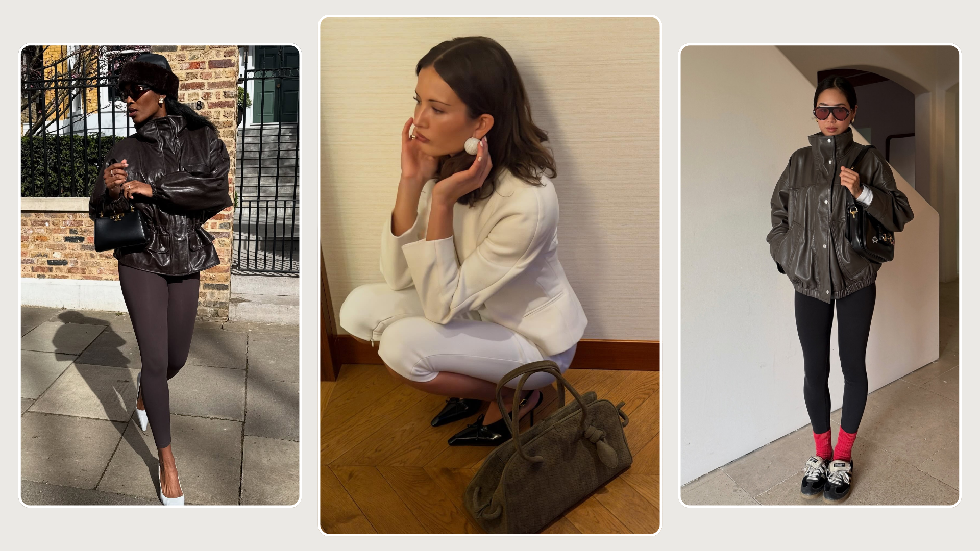 Three fashion people wear a leggings outfit 2026. They wear a capri legging, 7/8 length and full length legging.