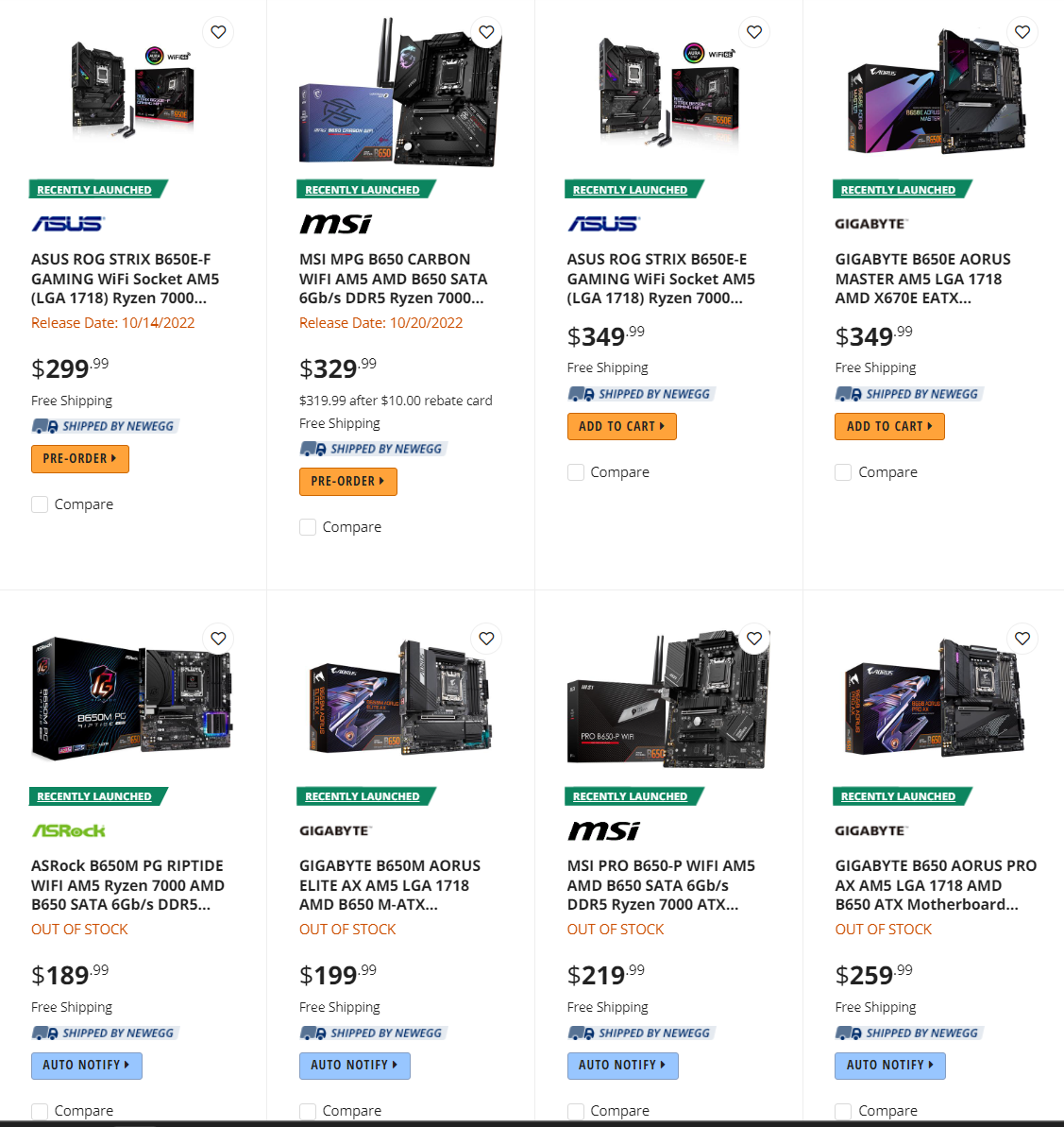 Newegg B650/B650E Motherboard Listings