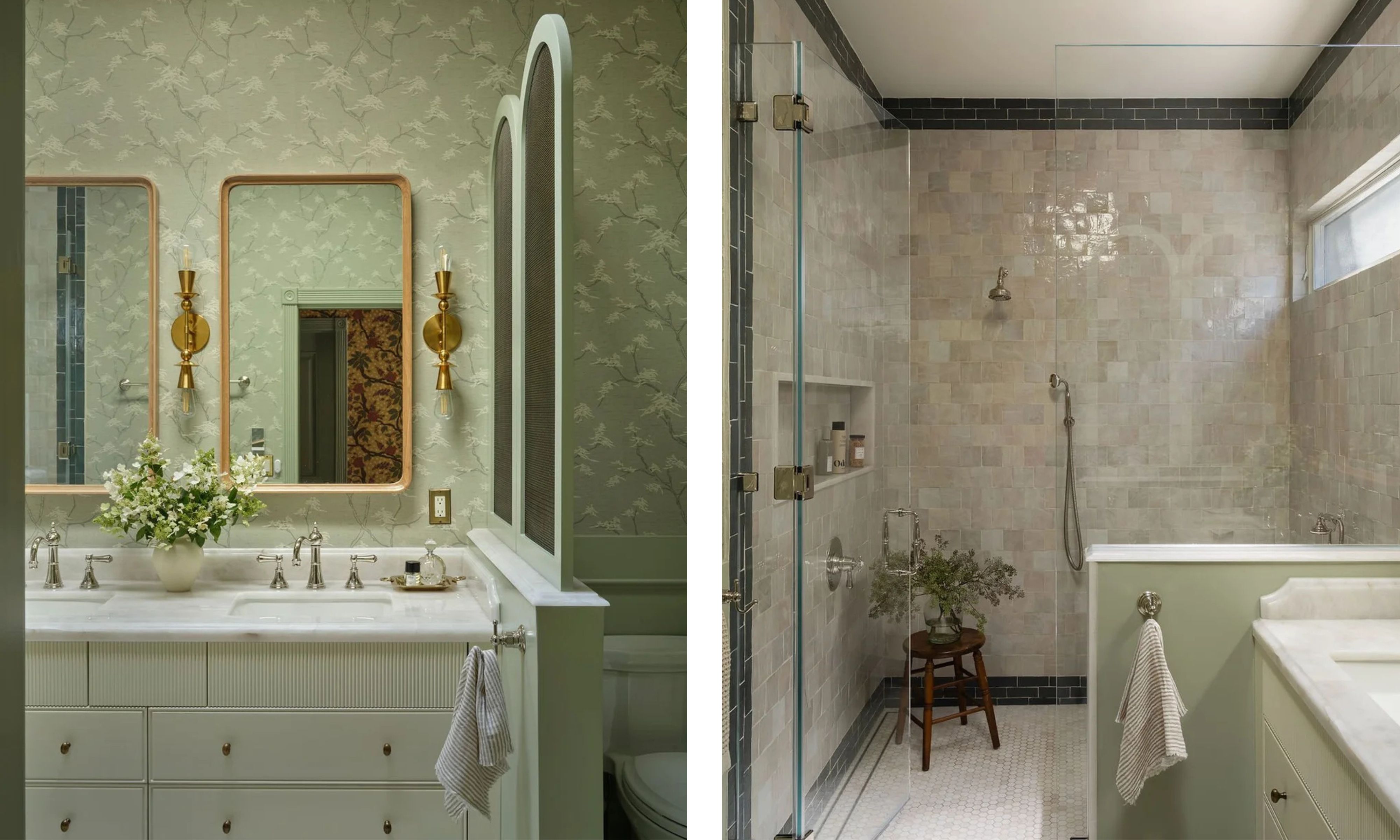 Split image: On the left, a double vanity with marble countertops and rectangular mirrors against subtle green patterned wallpaper; on the right, a walk-in shower with square iridescent tiles, black trim, and a glass enclosure.