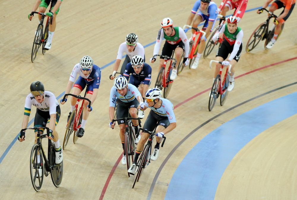 Competitors take part during the men's madison final at the Hong Kong Velodrome during the Track Cycling World Championships