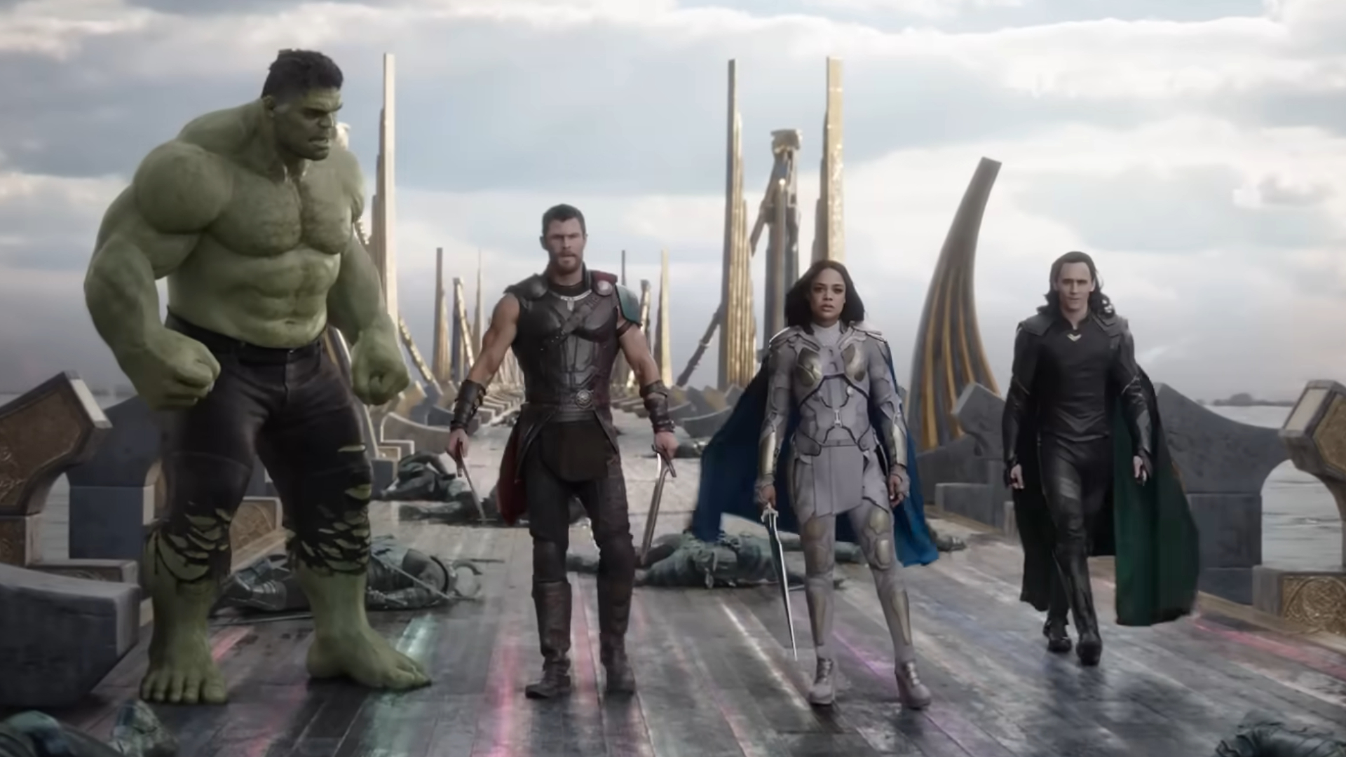 Mark Ruffalo as Hulk, Chris Hemsworth as Thor, Tessa Thompson as Valkyrie, and Tom Hiddleston as Loki in the Thor Ragnarok trailer