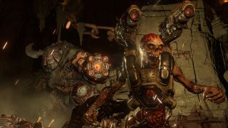 Screenshot from the video game Doom (2016). Two grotesque demon armed with futuristic guns are about to strike.