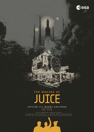 Film poster, grey, spacecraft front and center, silhouette of a rocket launch behind