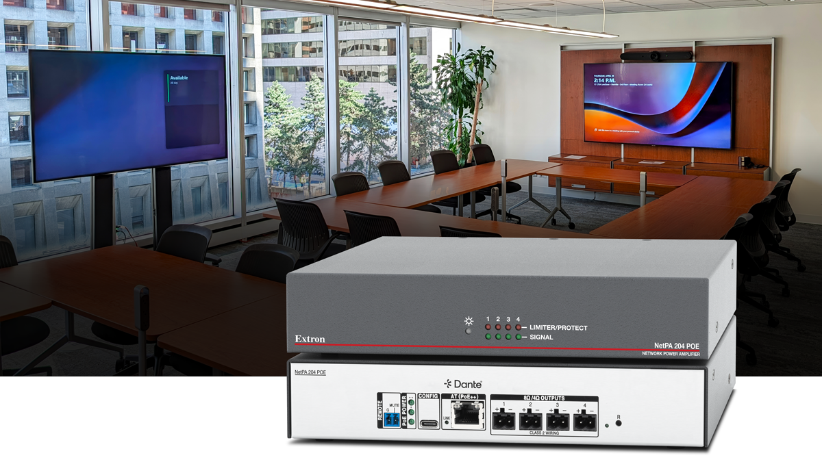 Extron&#039;s NetPA 204 POE Multi-Zone PoE Amplifier superimposed in front of a conference room. 