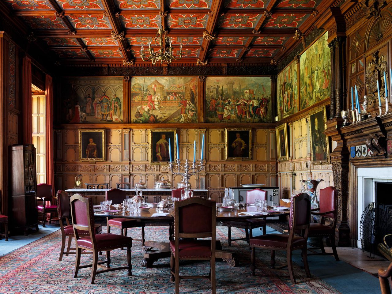 Fig 1: The dining room, with its historical paintings and fine Jacobean panelling. Hartland Abbey, Devon. ©Paul Highnam for Country Life.