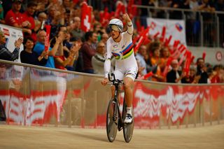 Stefan Kung (Switzerland) celebrates his individual pursuit win.