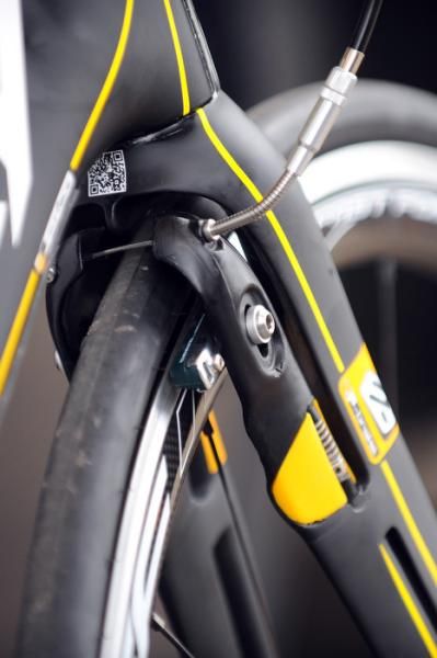 The front brake callipers are concealed on Vacansoleil-DCM's bikes.