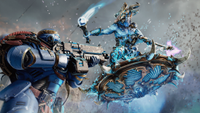 A space marine fighting a tzaangor on a flying disc in Warhammer 40,000: Space Marine 2.