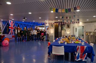 The dining hall of the Halley station decked out to celebrate the Queen's Jubilee with a 'mad hatter's' tea.