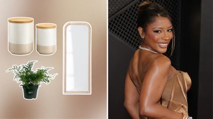 Storage jars, mirror, and potted fern on left side, Victoria Monét on right side