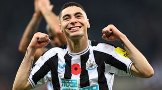 Miguel Almiron of Newcastle United celebrates at full time during the Premier League match between Newcastle United and Chelsea at St. James Park on November 12, 2022 in Newcastle upon Tyne, United Kingdom.