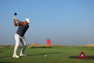 Adrian Otaegui at the top of his backswing with driver