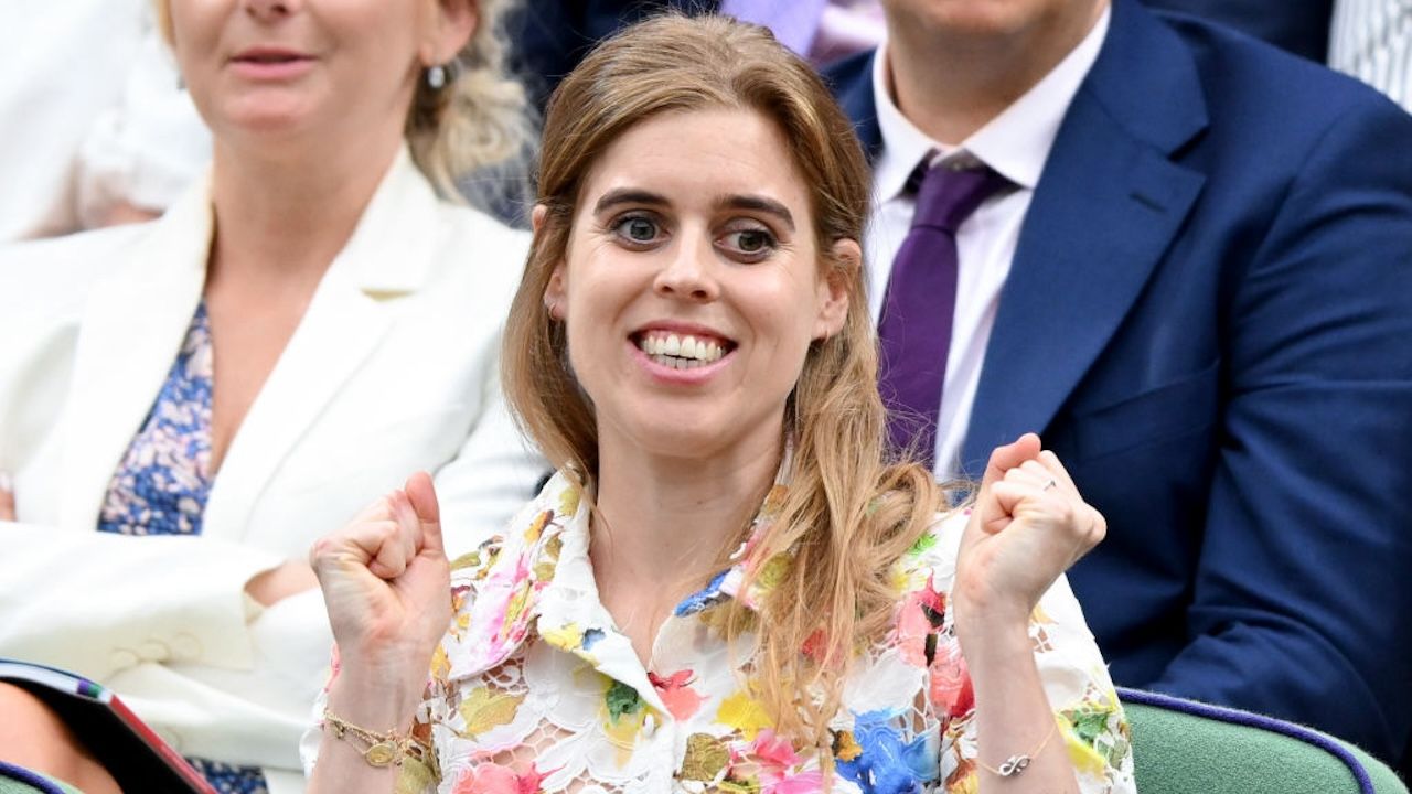 Princess Beatrice wearing a Monique Lhuillier floral dress at the 2024 Wimbledon games in London July 2024