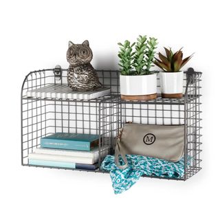 Metal wall organizer with large wide shelf at time and two cubbies underneath