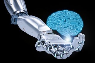 Robotic hand holding an AI brain.