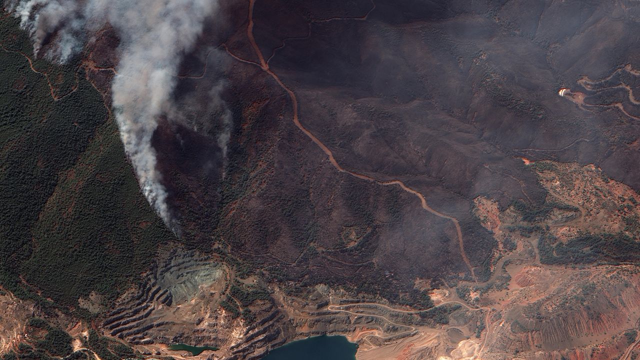 Forests on the Greek island of Evia can be seen completely burned following wildfires. The high res image was captured by a satellite operated by Maxar Technologies.
