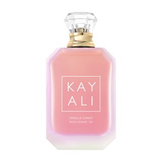 Vanilla Candy Rock Sugar | 42 Eau De Parfum in pink geometric shaped bottle with gold and mirror jewel-shaped cap on white background 