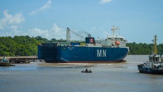 The James Webb Space Telescope arriving at Kourou, French Guiana, aboard the MN Colibri cargo ship.