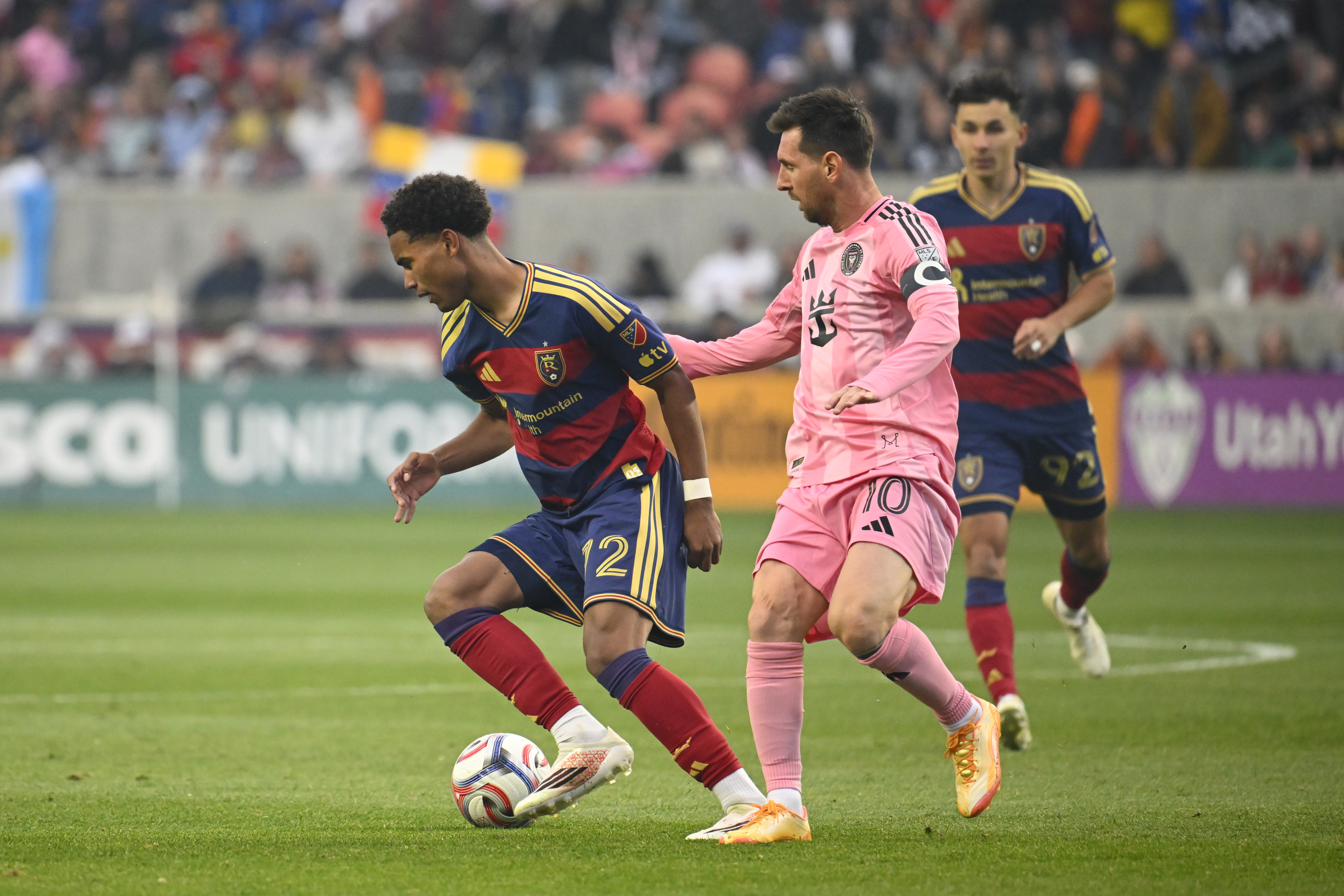 SANDY, UTAH - APRIL 22: Zavier Gozo #72 of Real Salt Lake competes for the ball with Lionel Messi #10 of Inter Miami CF during the MLS match between Real Salt Lake and Inter Miami CF at America First Field on April 22, 2026 in Sandy, Utah. (Photo by Alex Goodlett/MLS via Getty Images)