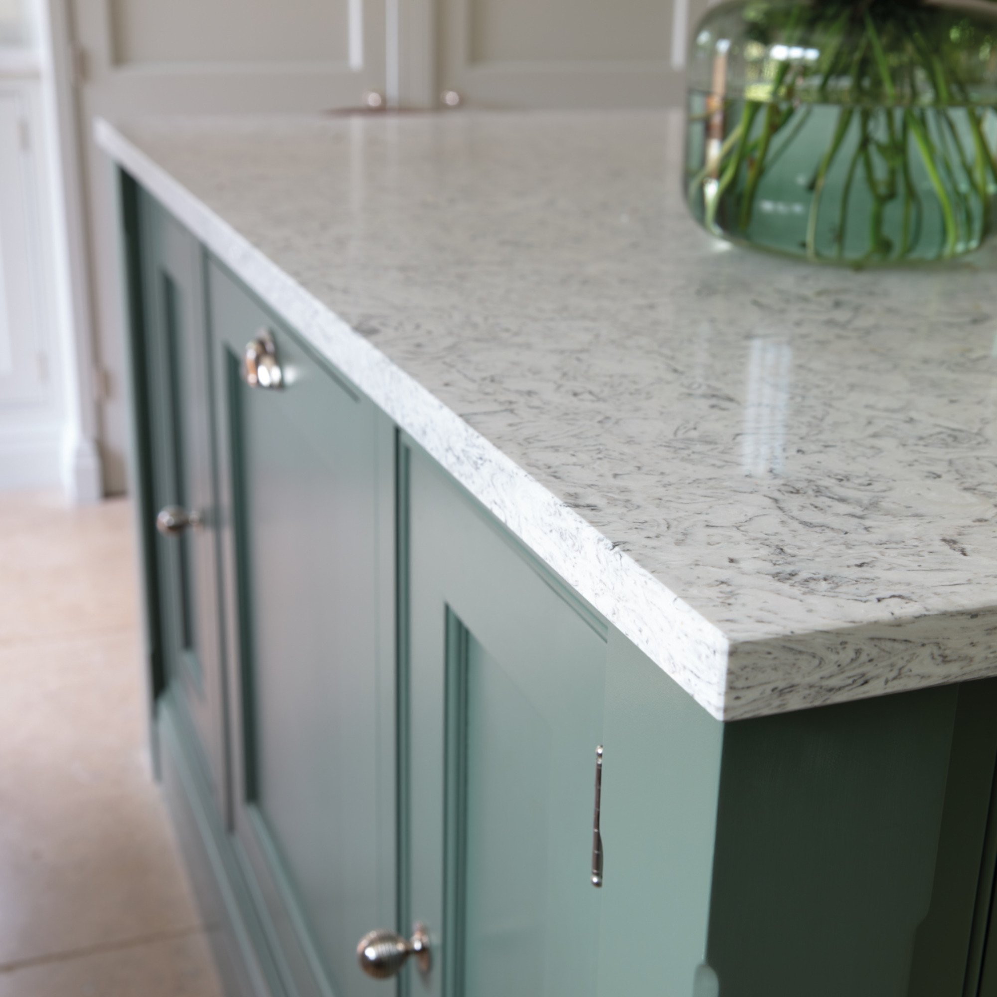 detail of marble worktop on kitchen island, Tom Howley design