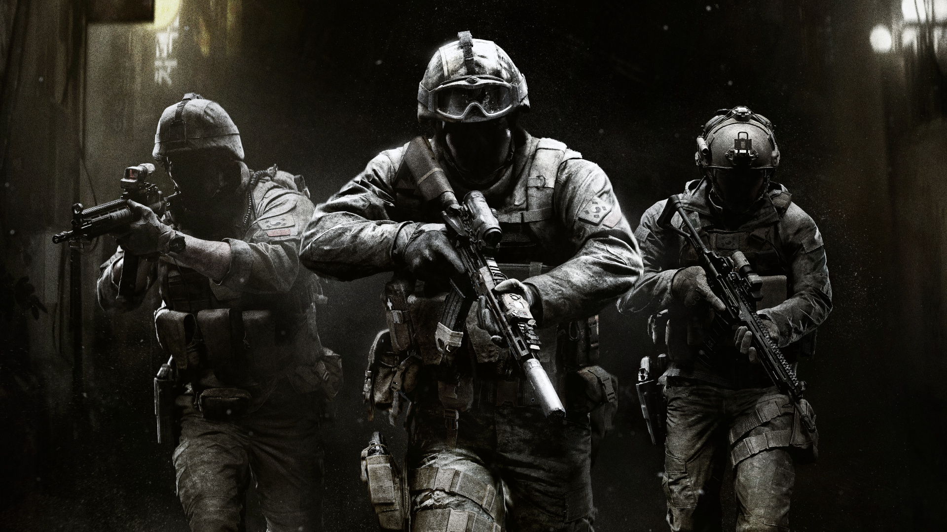 Key art for Call of Duty Modern Warfare 4 showing three soldiers in shadow walking through a dark environment
