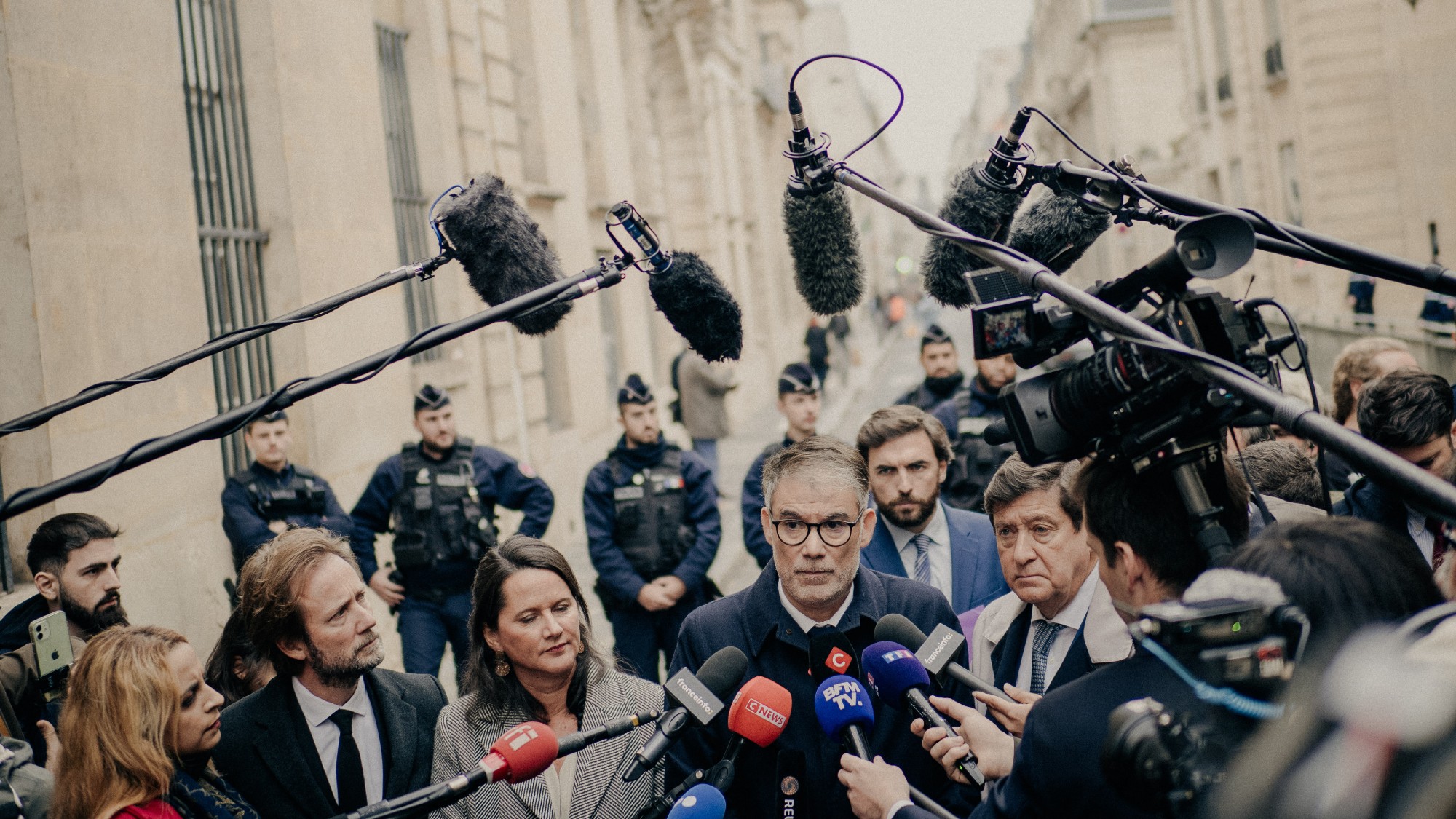 Socialist deputies including party leader Oliver Faure (centre) speak to journalists following Sebastien Lecornu’s resignation as prime minister