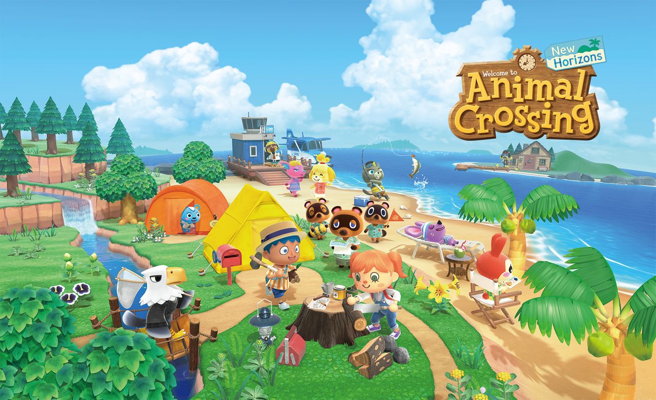 Key art from Animal Crossing New Horizons featuring characters camping next to a beach.