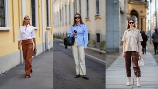 street style showing how to style leather pants with a shirt
