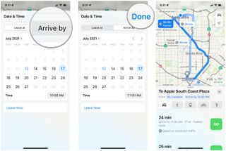 Change arrival time for directions in Maps on iPhone in iOS 15 by showing: Tap Arrive By, select preferred arrival date and time, tap Done
