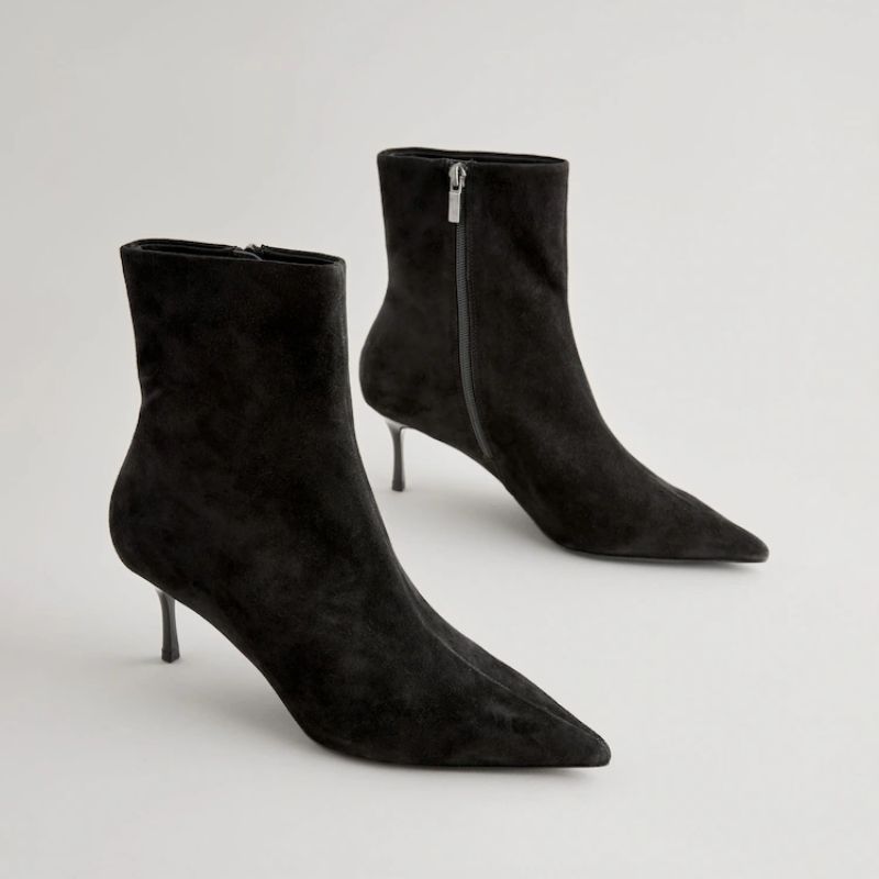 Black Suede Forever Comfort Pointed Toe Skinny Heeled Ankle Boots cut out 