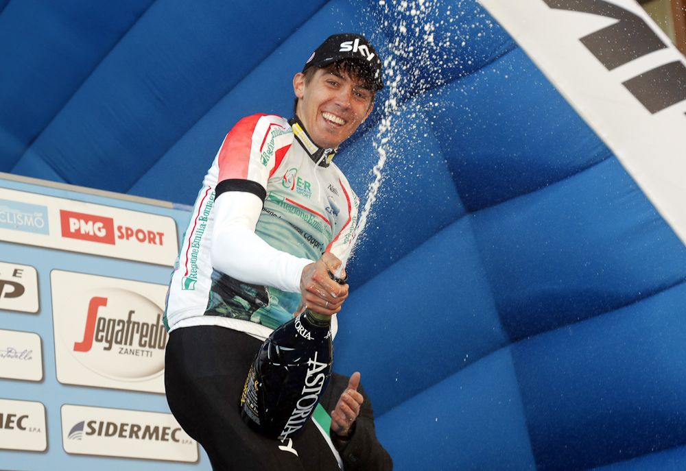 Diego Rosa (Team Sky) in the leader's jersey at Coppi e Bartali