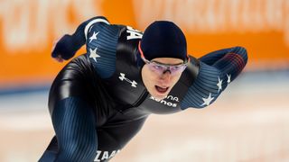 Jordan Stolz of the United States competes on the ice ahead of the World Allround Speed Skating Championships live stream 2024