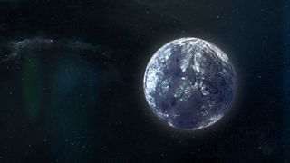 graphic illustration showing an ice planet against the black backdrop of space.