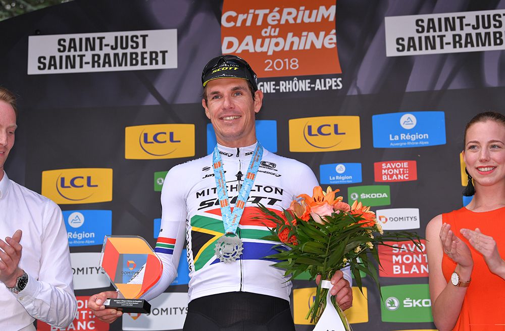 Darryl Impey (Mitchelton-Scott) on the podium after winning stage 1 at Criterium du Dauphine