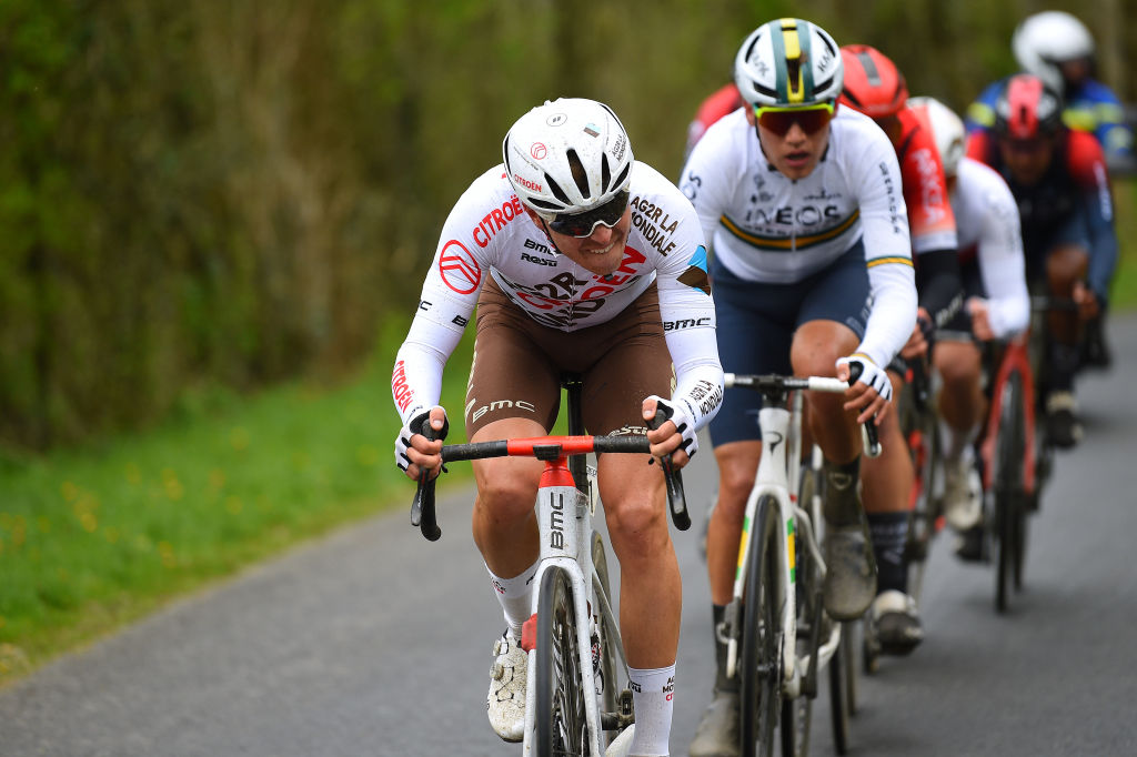 MAMERS FRANCE APRIL 05 Benoit Cosnefroy of France and AG2R Citren Team attacks during the 68th Circuit Cycliste Sarthe Pays de la Loire 2022 Stage 1 a 1923km stage from Mamers to Mamers CircuitSarthe on April 05 2022 in Mamers France Photo by Dario BelingheriGetty Images