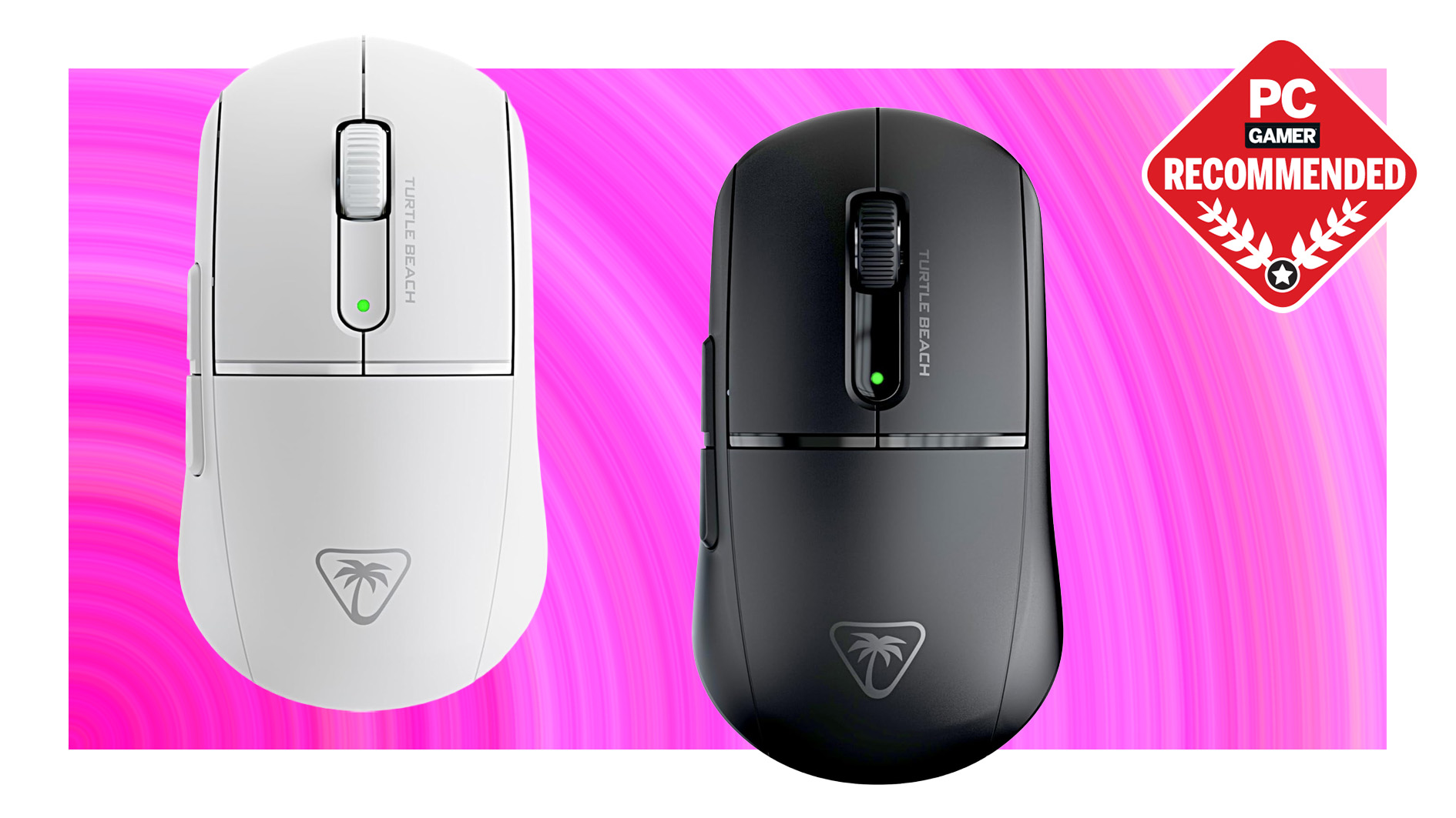 Two Turtle Beach Burst Air II gaming mice on a pink background with the PC Gamer logo in the top right.