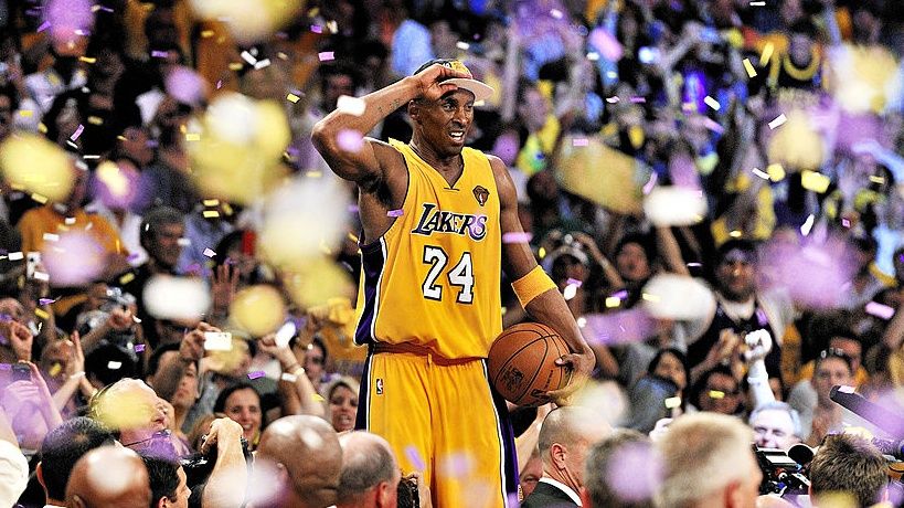 Los Angeles Lakers Kobe Bryant victorious after winning championship vs Boston Celtics. His story is told in three-part documentary Kobe: The Making of a Legend.