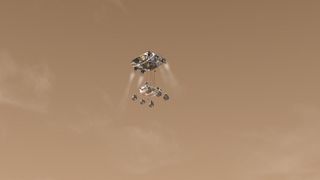This artist's concept depicts the Curiosity rover as it is being lowered by a rocket-powered descent stage during a critical moment of the "Sky Crane" landing in 2012.