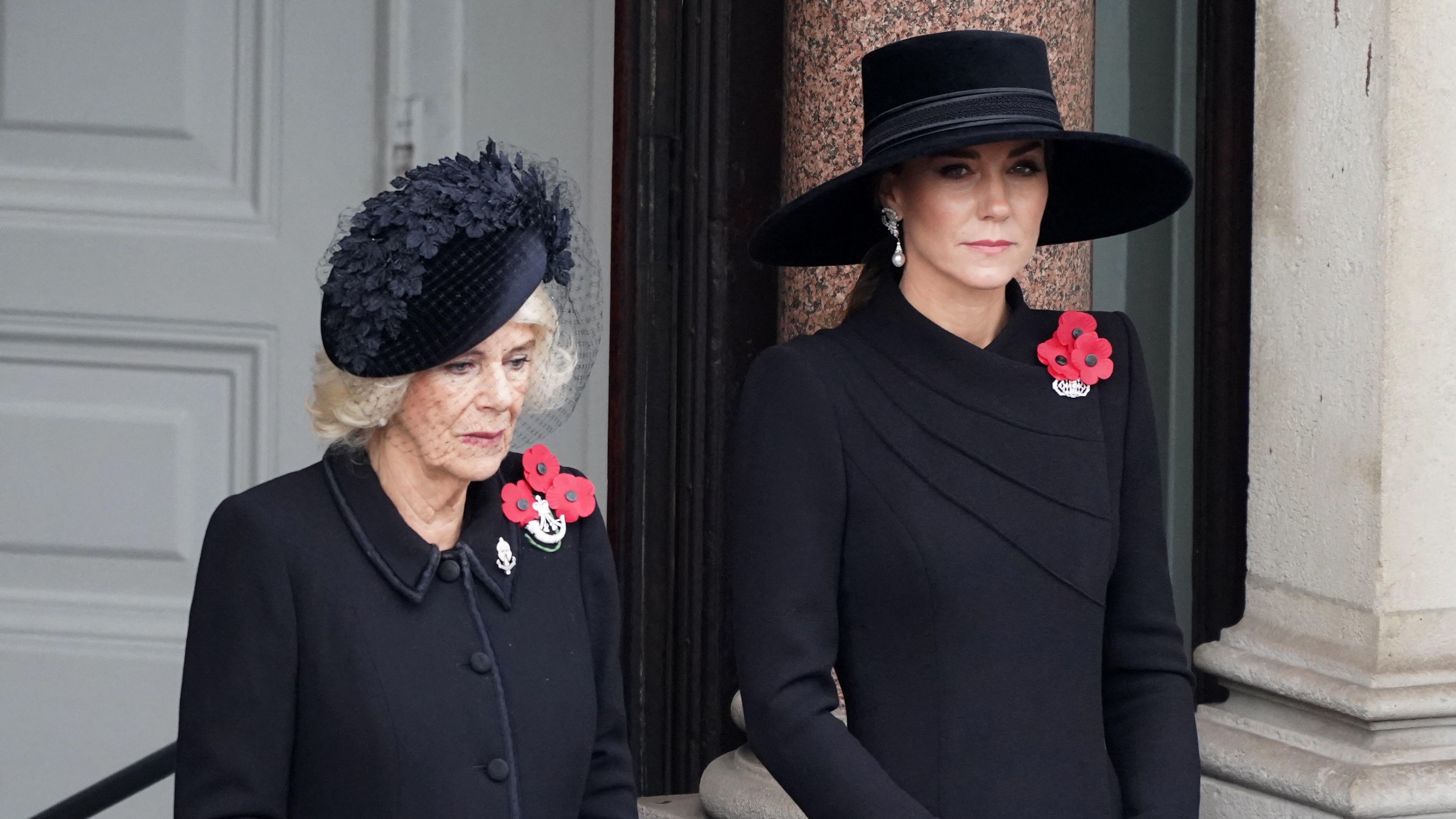Camilla, Queen Consort (L) and Catherine, Princess of Wales (R) attend the Remembrance Sunday ceremony at the Cenotaph on Whitehall in central London, on November 13, 2022