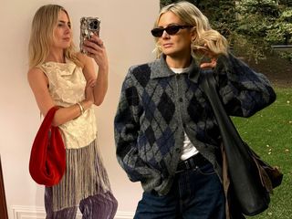 collage of British fashion influencer Lucy Williams wearing a fringe party top and argyle cardigan sweater