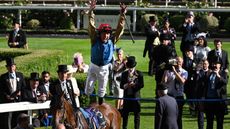 Frankie Dettori wins the Queen&rsquo;s Vase at Royal Ascot aboard Gregory in 2023