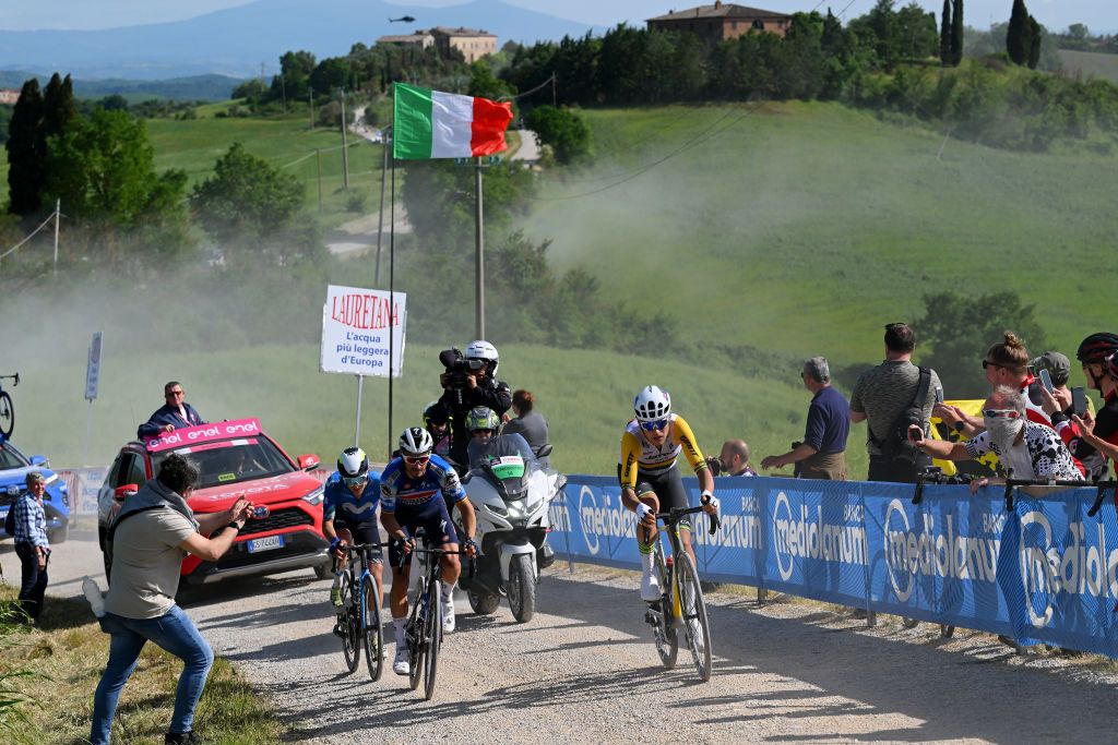 RAPOLANO TERME ITALY MAY 09 A general view of Pelayo Sanchez of Spain and Movistar Team Julian Alaphilippe of France and Team Soudal QuickStep and Luke Plapp of Australia and Team Jayco AlUla compete in the breakaway passing through the Poggio Santa Francesca Pievina gravel road sector during the 107th Giro dItalia 2024 Stage 6 a 180km stage from Viareggio to Rapolano terme 322m UCIWT on May 09 2024 in Rapolano terme Italy Photo by Tim de WaeleGetty Images