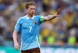 Belgium Euro 2024 squad Kevin De Bruyne of Belgium reacts during the UEFA EURO 2024 group stage match between Ukraine and Belgium at Stuttgart Arena on June 26, 2024 in Stuttgart, Germany. (Photo by Carl Recine/Getty Images)