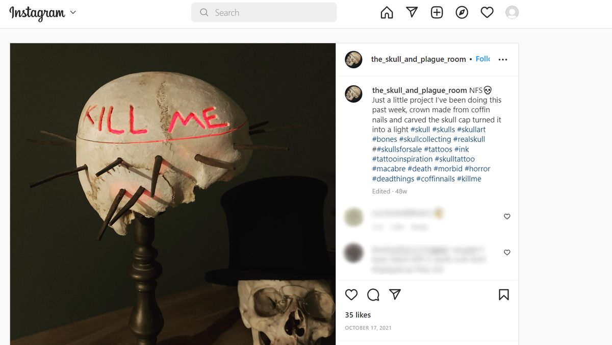 A screenshot of a carved human skull on Instagram.