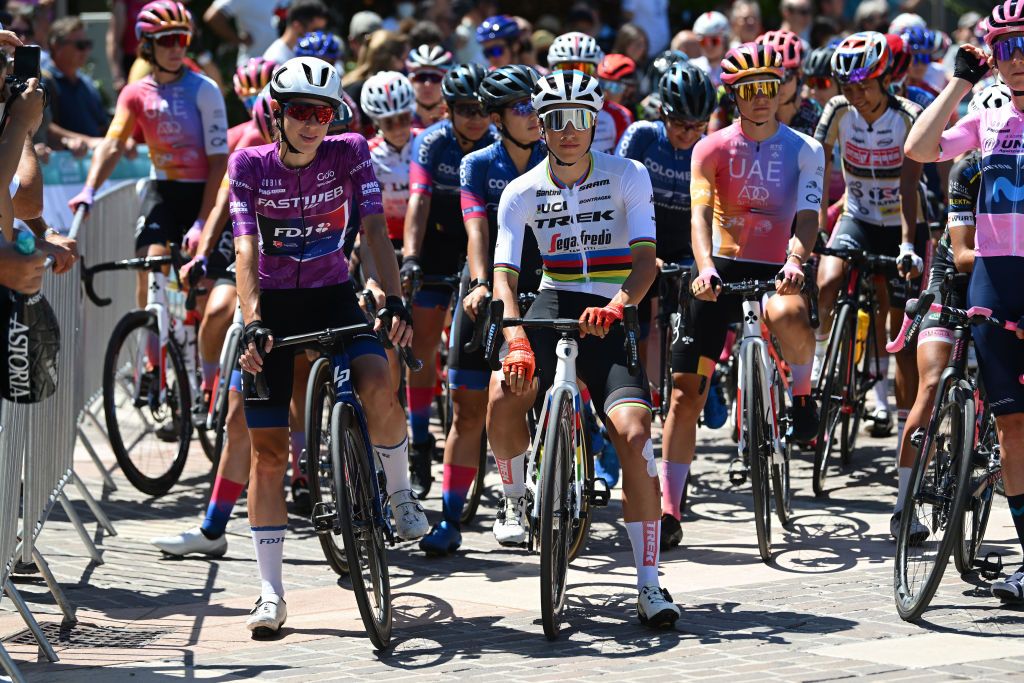 PADOVA ITALY JULY 10 LR Marta Cavalli of Italy and Team FDJ Nouvelle Aquitaine Futuroscope Purple Points Jersey and Elisa Balsamo of Italy and Team Trek Segafredo prior to the 33rd Giro dItalia Donne 2022 Stage 10 a 905km stage from Abano Terme to Padova GiroDonne UCIWWT on July 10 2022 in Padova Italy Photo by Dario BelingheriGetty Images