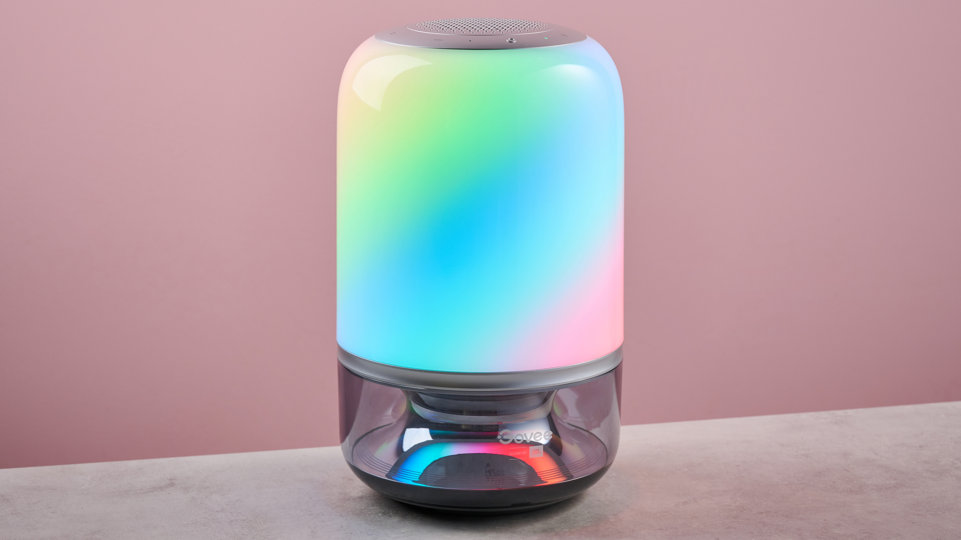 The Govee Table Lamp 2 Pro x Sound by JBL is displaying a diagonal rainbow effect.