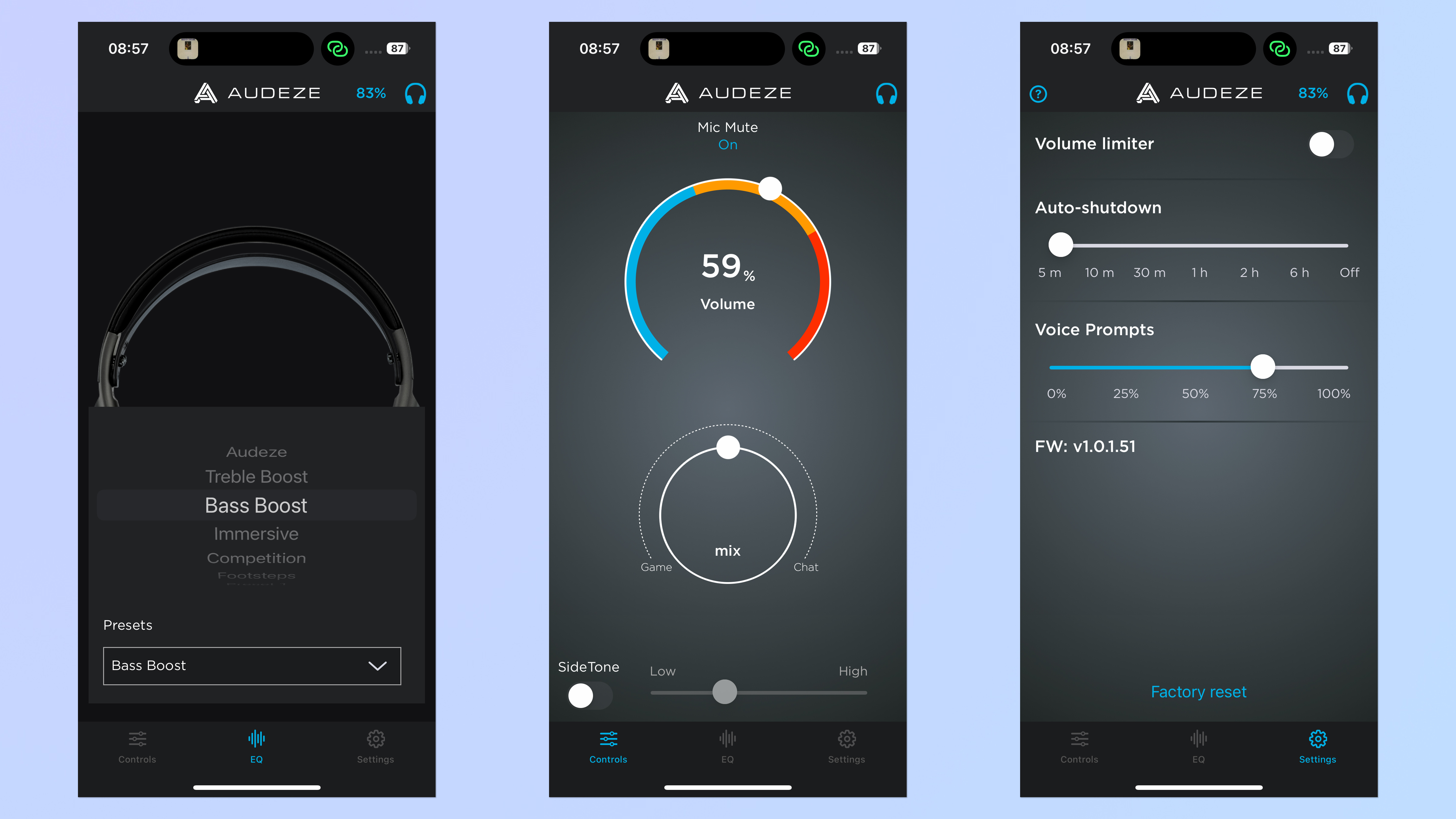 Three screenshots of the Audeze HQ iOS app, against a light blue background