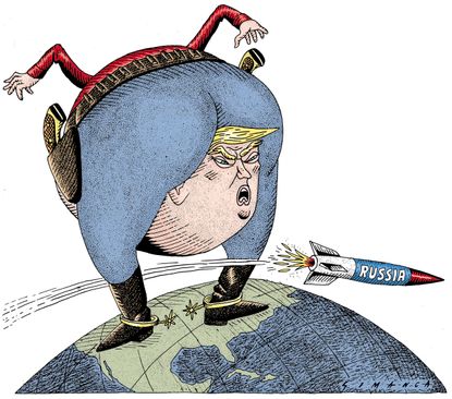 Political cartoon U.S. Trump inaction Russia nuclear missiles